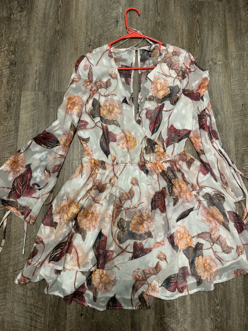 White Floral Sheer Dress with Pink-Orange Blooms